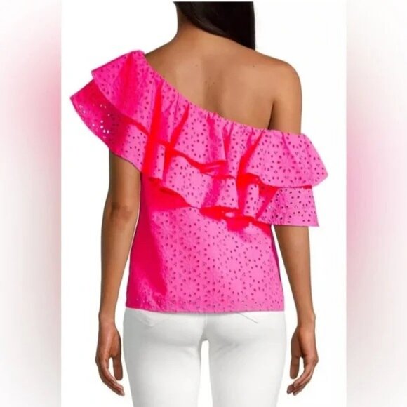 Lilly Pulitzer Trixie One-Shoulder Top Raz Berry Neon Sunburst Eyelet Pink S - Picture 3 of 7